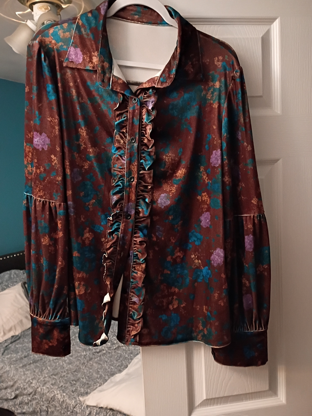 Ruffled Satin Floral Blouse in Brown with Teal & Purple Accents